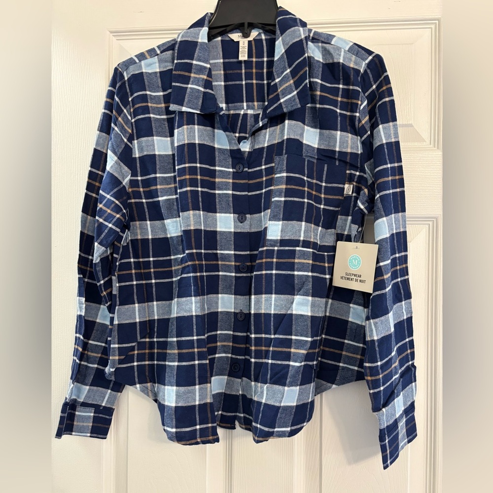 Martha Stewart Navy Tan Plaid Cotton Blend Top